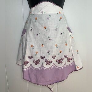 Vintage Handmade Half Apron Purple Orange Butterfly Tulip Rick Rack Edge Pockets